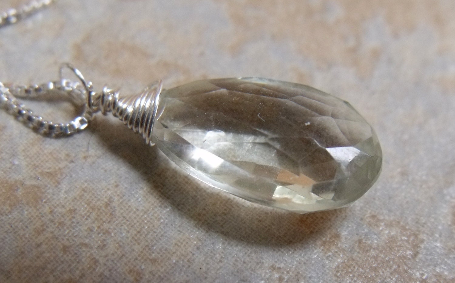 Green Amethyst Prasiolite Gemstone Drop Necklace - Wirewrapped Sterling Silver