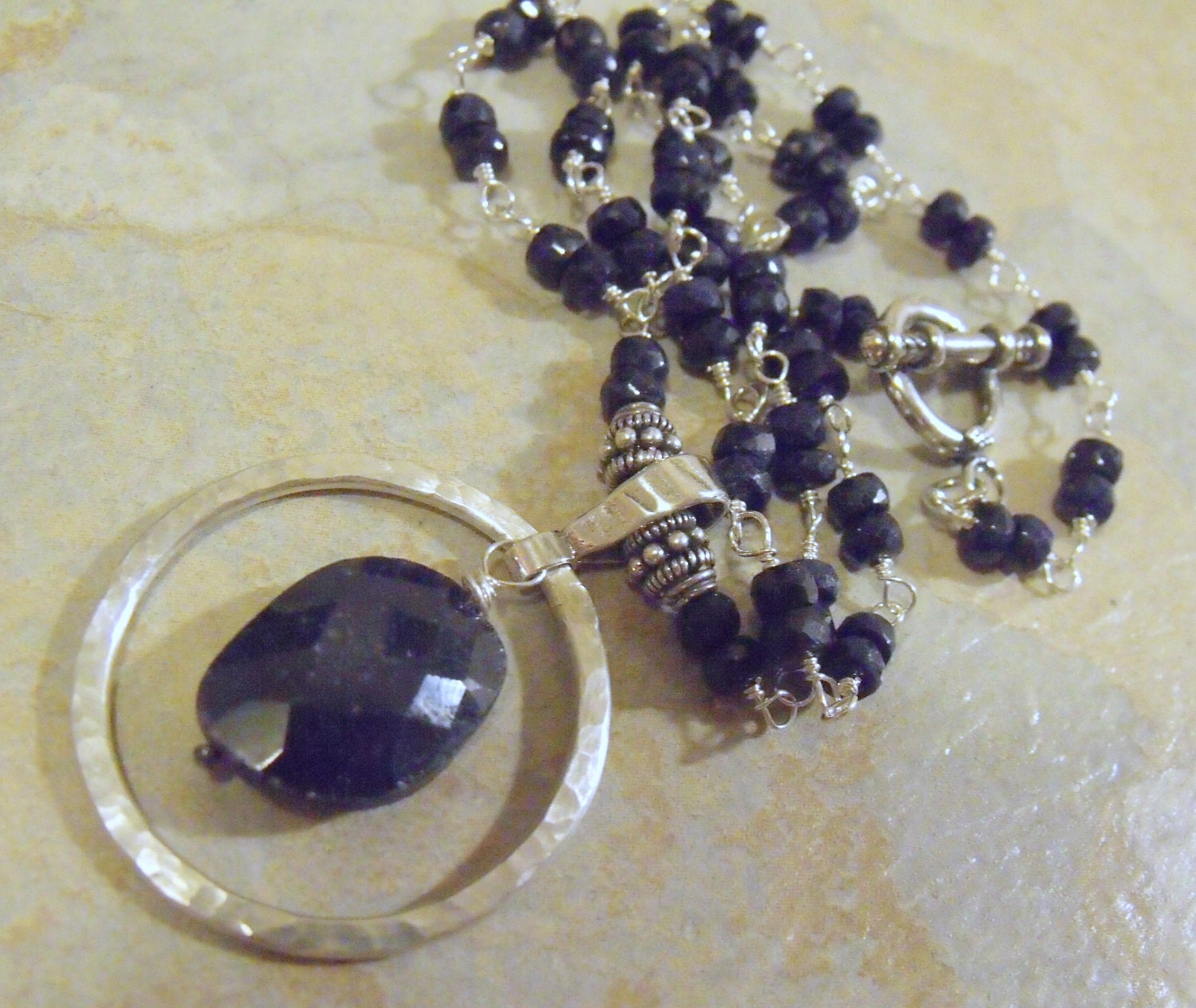 Sapphire Hammered Circle Necklace - Sterling Silver Wire Wrapped Chain with Sapphires