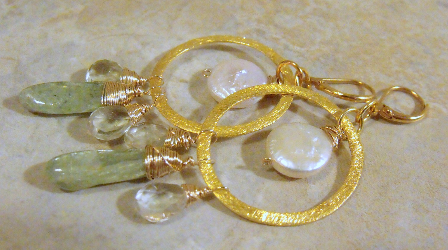 Coin Pearl and Gold Earrings with Mint Green Kyanite and Green Amethyst