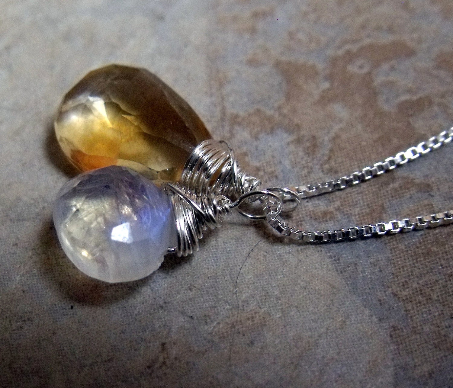 Citrine and Rainbow Moonstone Genuine Gemstone Drop Necklace in Sterling Silver