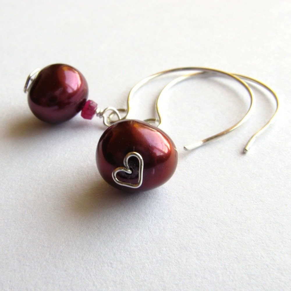 SALE - Constance handmade earrings - red freshwater pearl, ruby, sterling silver by lotusstone on etsy
