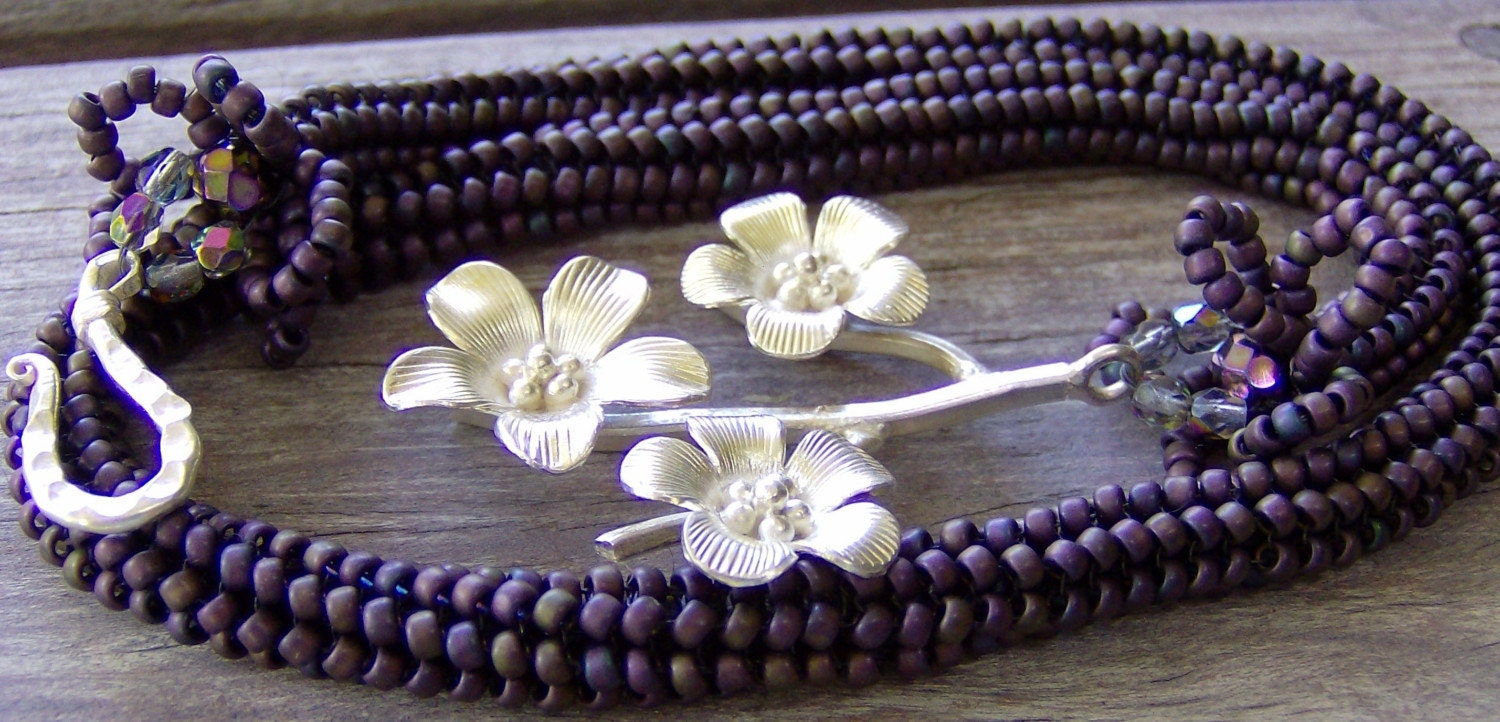Jewelry Necklace Plum Beaded Beadwork Sterling silver Wedding Bohemian Ethnic Artisan Hippie Mod