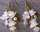 Earrings Rose quartz Pearls Crystals Beadwork Cluster Drop Eco friendly Weddings Bridal Bohemian Boho Shabby chic