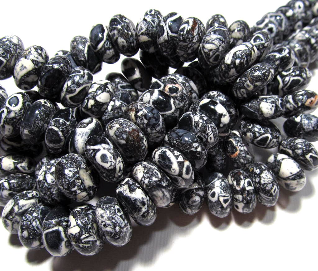 LOOSE Gemstone Beads - Mosaic Magnesite Turquoise Beads - 6x12mm Rondelles - Black, White (8 beads) - gem642