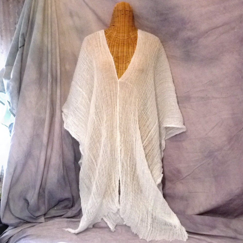 White Caftan Cover Up Midi Gull Wings Goddess Beach Spa One Size Cotton Robe Maternity