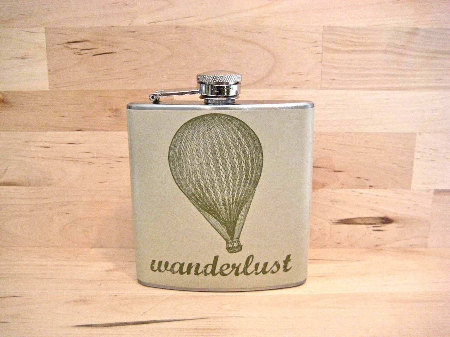 Wanderlust Vintage Hot Air Balloon Illustration on Cement  -6 oz Stainless Steel Hip Flask