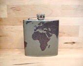 The World is in Your Hands- 6 oz Stainless Steel - The Wanderlust Flask (TM) - World Map in Gravel