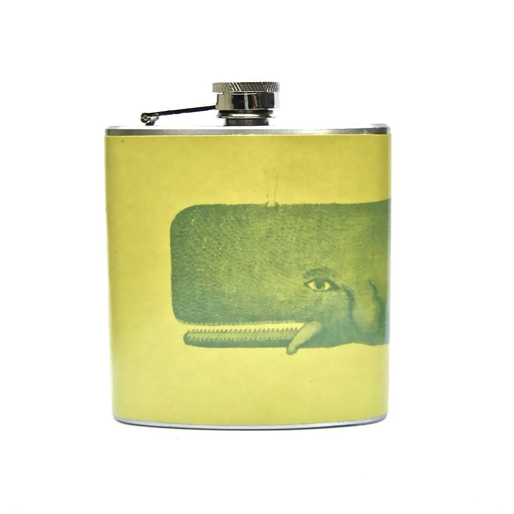 Moby Dick- Vintage Whale Illustration on chartreuse 6 oz Stainless Steel Hip Flask