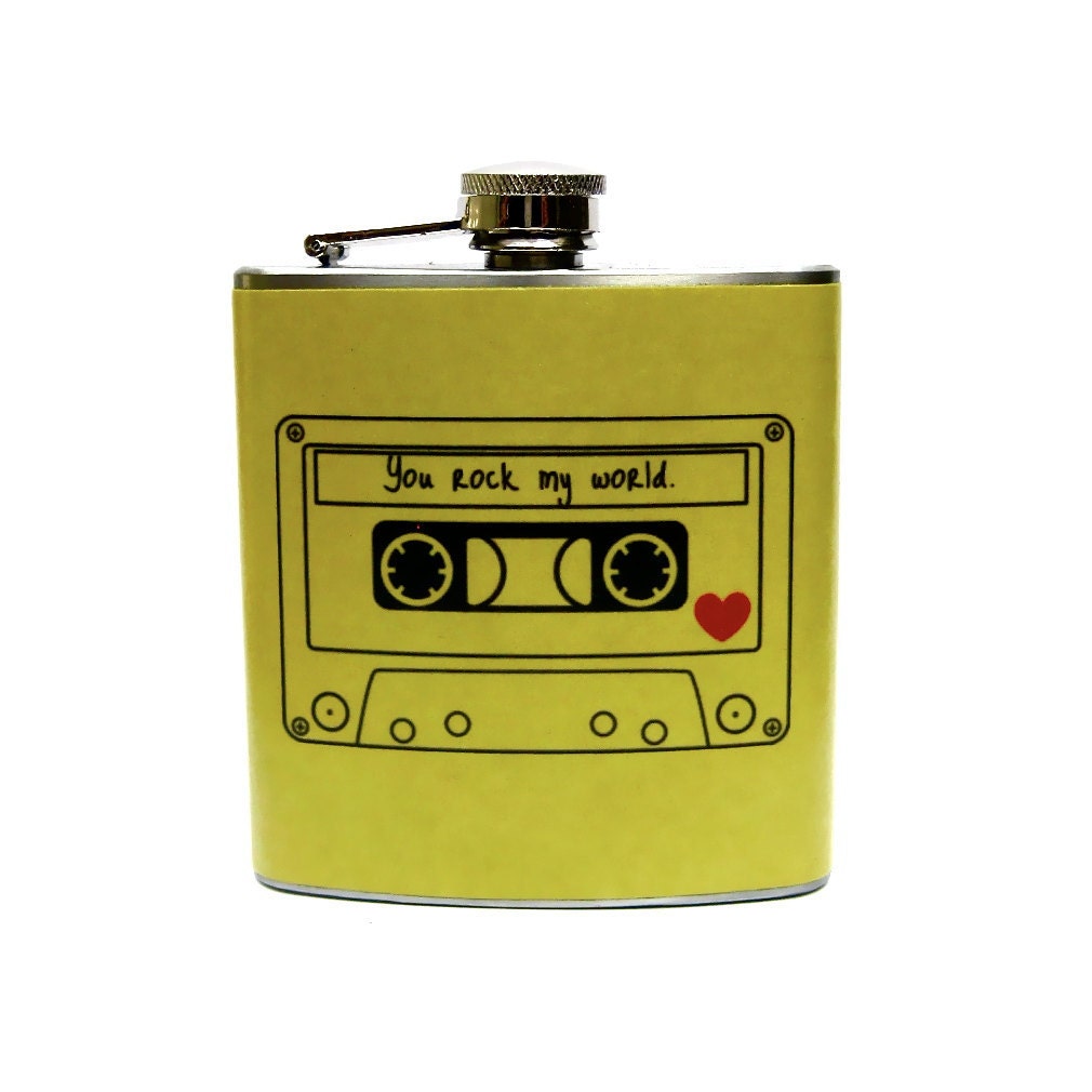 Flask- 6 oz Stainless Steel- Cassette Tape Mixtape Music DJ Mens GIft Flask
