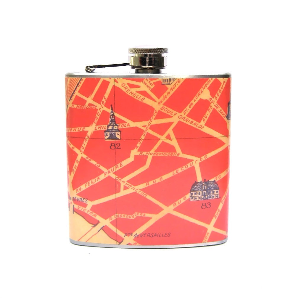 6 oz Stainless Steel - The Wanderlust Flask (TM) - Paris in Red & Blue