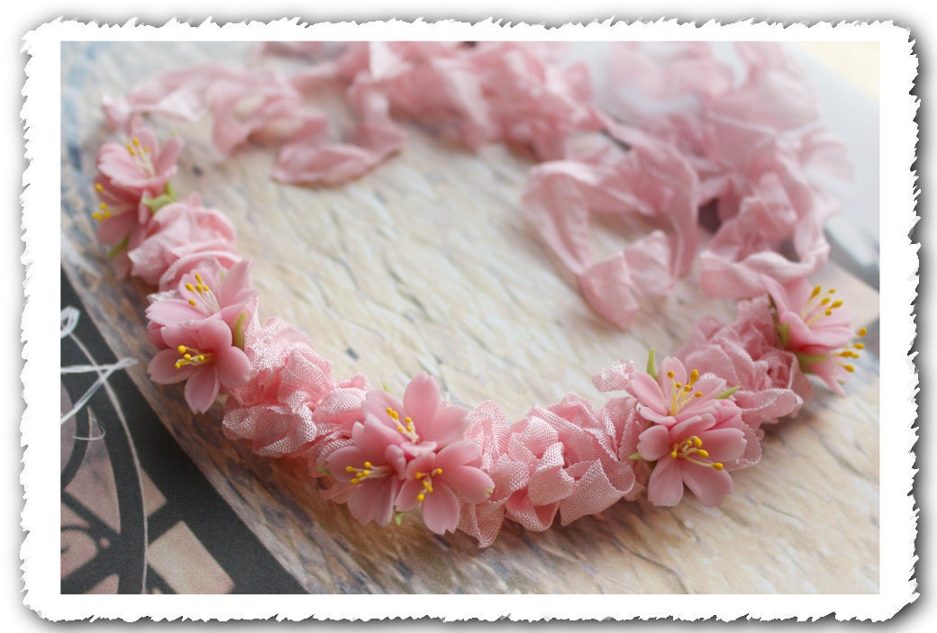 Sakura Hand Sculpted Cherry Blossoms Necklace or Headband
