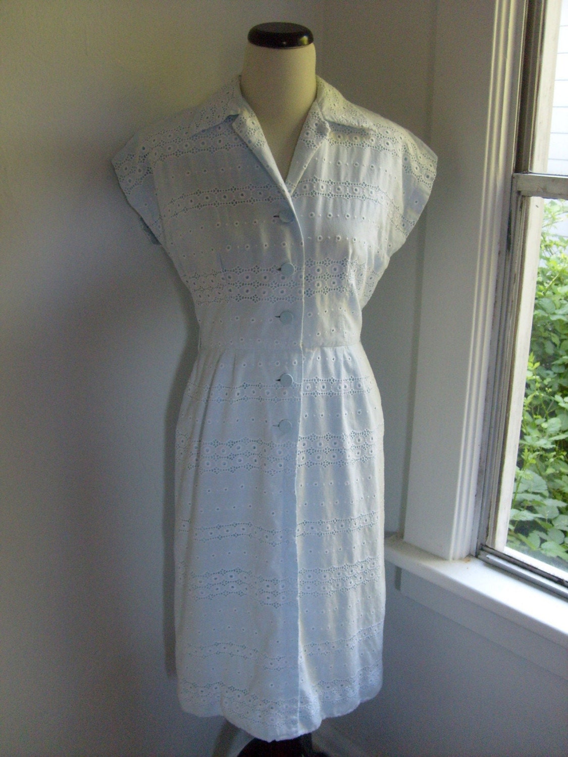 Pretty white eyelet vintage dress with pale blue accents