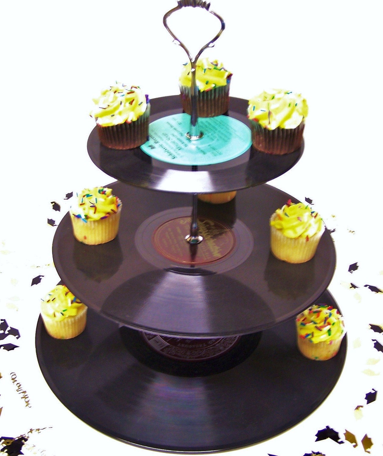 Retro Record Dessert 3 Tier Pedestal Cake Cupcake Stand Recycle Rockabilly Wedding Birthday Lets Rock N Roll