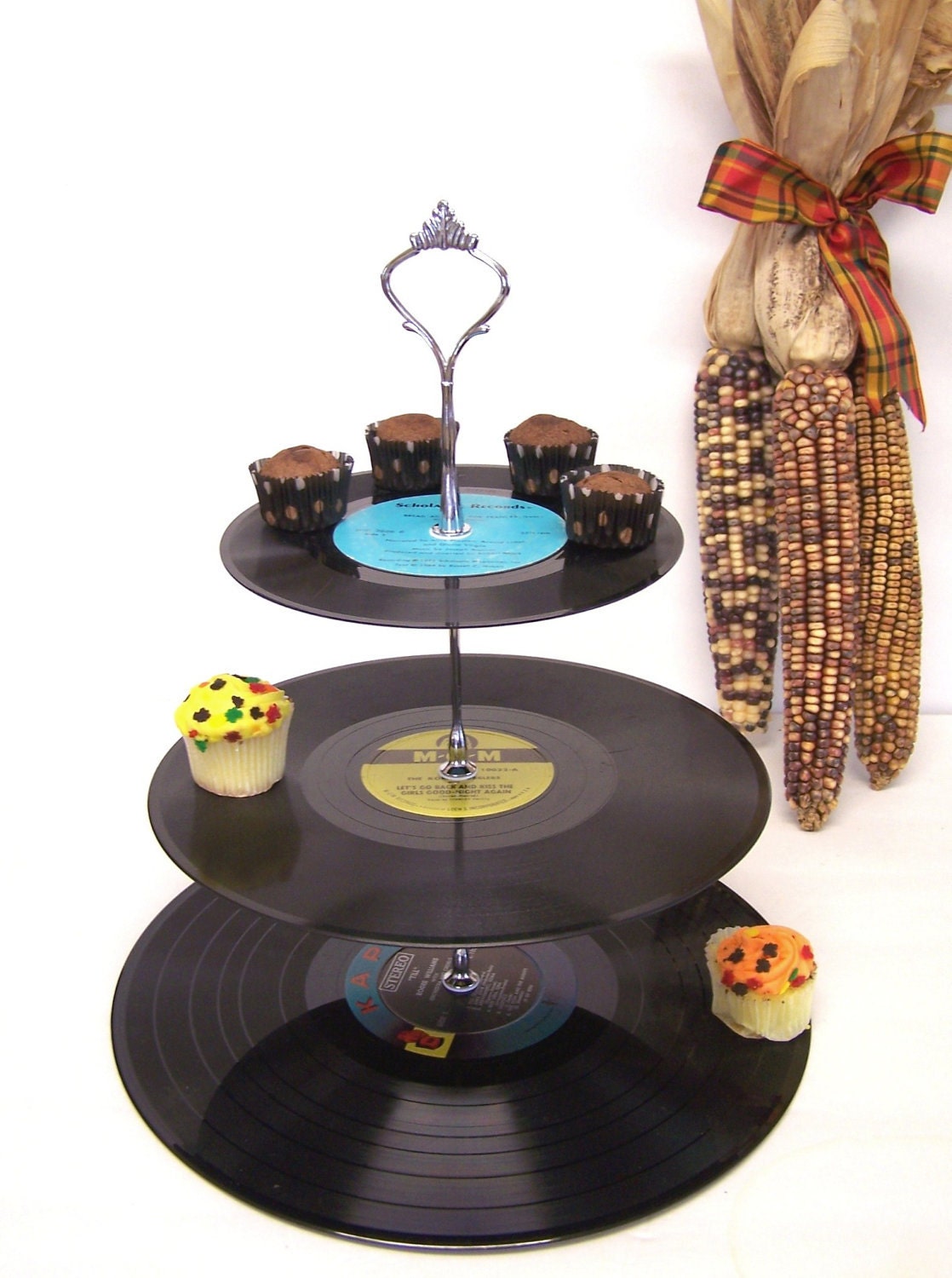 Retro Vintage Record Dessert 3 Tier Pedestal Cake Cupcake Stand Upcycle Recycle Wedding Birthday Graduation Party Rock Around The Clock