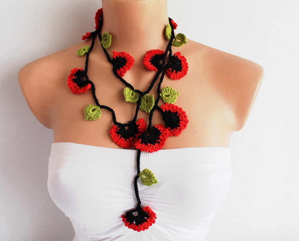 Red and Black Poppy Flowers with Green Leaves Hand Crocheted Lariat Necklace, Bracelet or Belt - fairstore