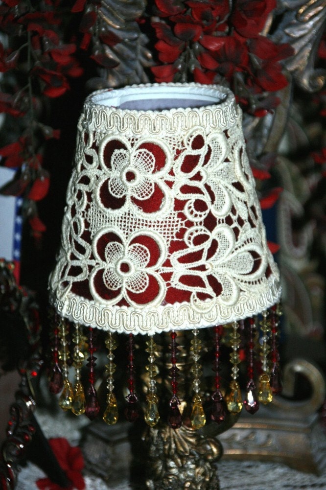 LAMP SHADE - Dark red Silk Underlay - Overlay Ecru Peek-a-Boo heavy Embroidered Lace - Gold and red Beaded Fringe