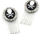 Gothic Lolita Mini Hair Combs - with Skull and Crossbones Cameos in White on Black - Set of 2 - By Ghostlove