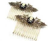 Gothic Hair Combs - Steampunk Hair Combs - with Cream on Black Skull and Crossbones Cameos - Set of 2 - By Ghostlove