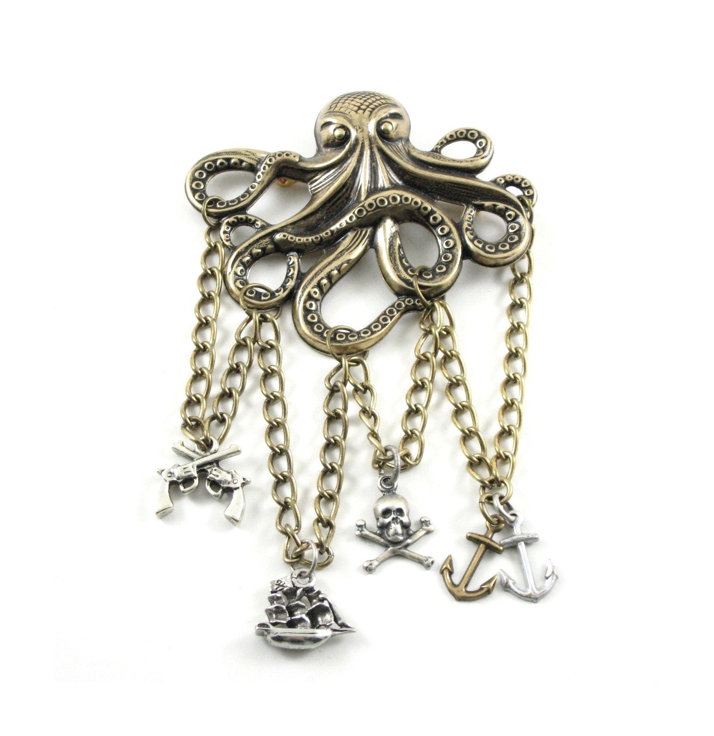 Steampunk Brooch - Nautical Octopus Brooch - The Ghost of the Kraken - with Hanging Pirate Themed Charms - Antiqued Brass - Ghostlo