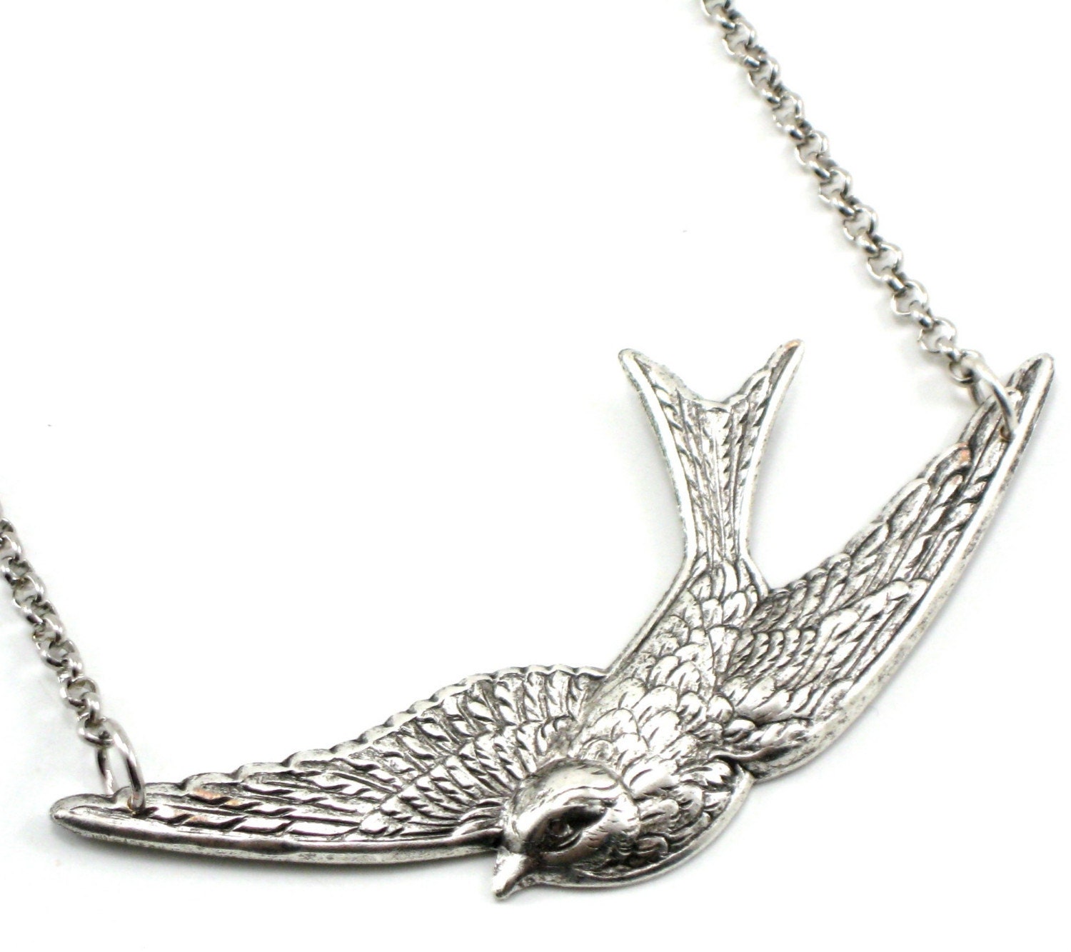 Nautical Rockabilly Necklace - Lullaby - Soaring Swallow in Antiqued Sterling Silver Plate - CLASSY and SASSY - By Ghostlove