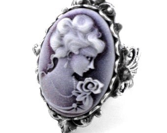 Gothic Lolita Ring - Neo Victorian Cameo Ring in Purple Shimmer with Antiqued Sterling Silver Plated Band - By Ghostlove