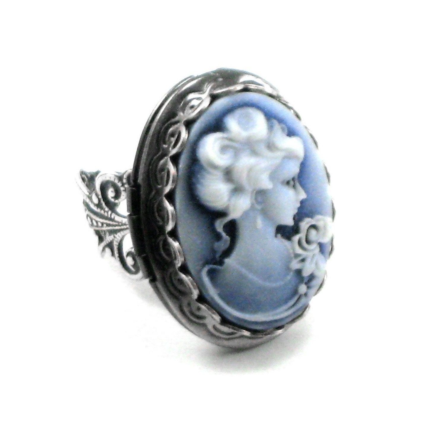 Neo Victorian Cameo Locket Ring in Shimmering Sapphire Blue and Sterling Silver Plated Band - By Ghostlove