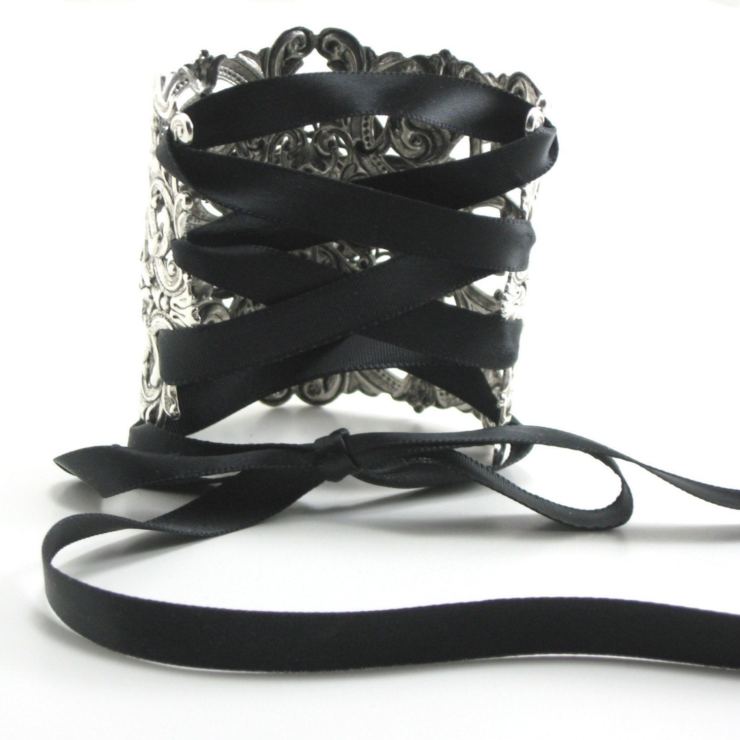 Gothic Lolita Bracelet - Ikebana Corset Cuff - with Antiqued Sterling Silver Plated Filigree and Ribbon Ties - by Ghostlove
