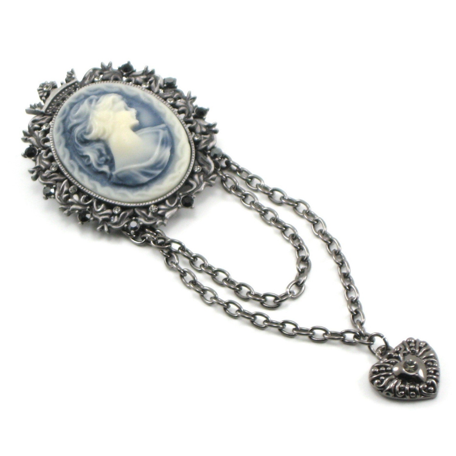 SALE Was 40.00 - Blue Girl - GORGEOUS Gothic Lolita Crystal Accented Cameo Brooch with Gunmetal Heart Charm and Chains - By GhostLove