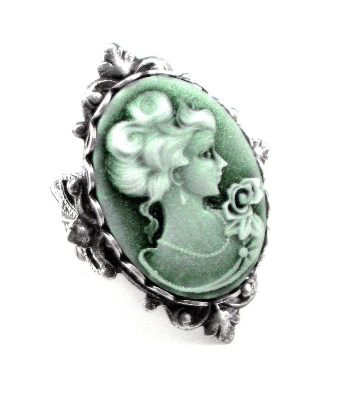 SALE Was 35.00 - Neo Victorian Cameo Ring with Iridescent Emerald Green Shimmer and Antiqued Sterling Silver Plated Band - By GhostLove
