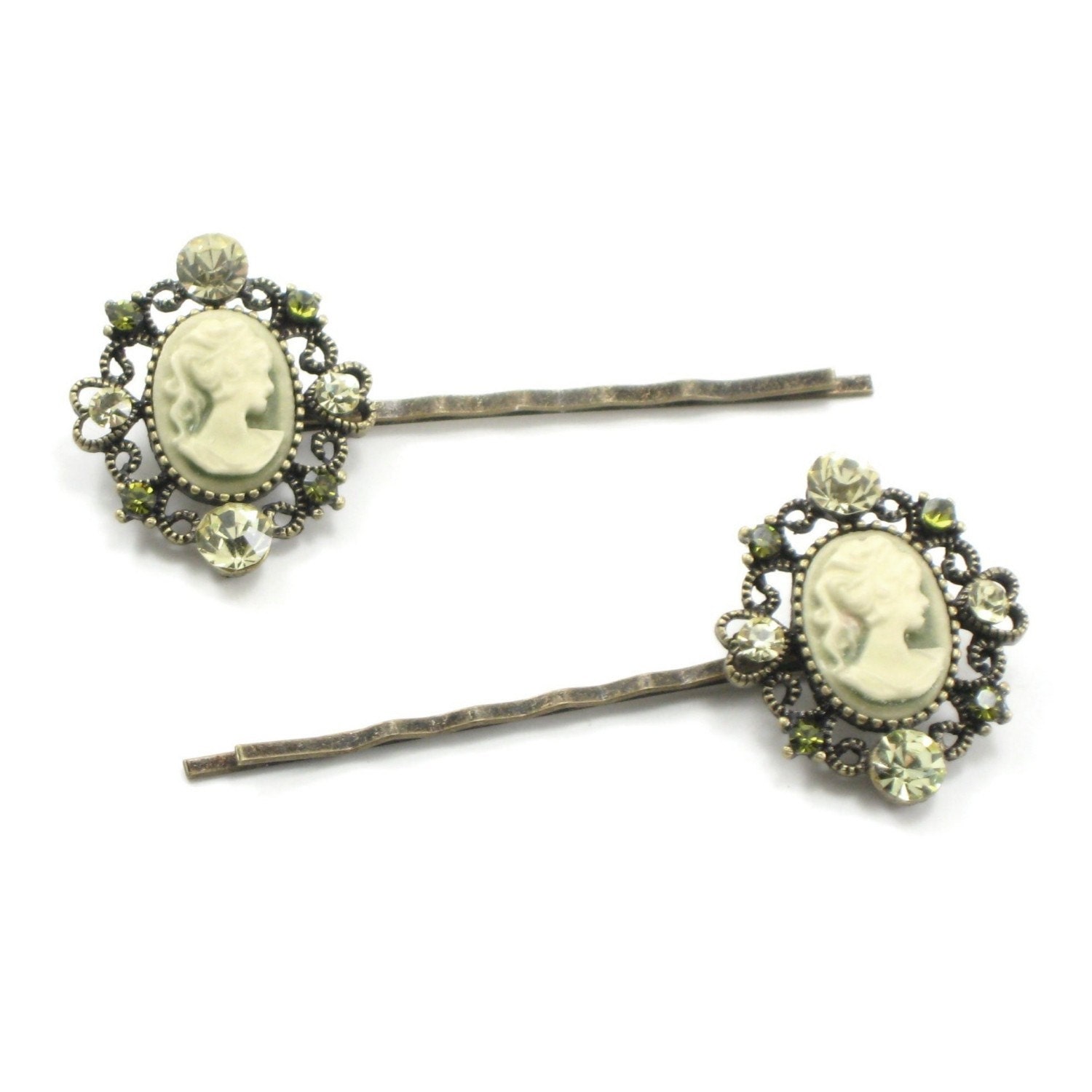 SPARKLING Neo Victorian GOTHIC LOLITA Crystal Cameo Hair Barrettes in Peridot Green and Antiqued Brass - by Ghostlove
