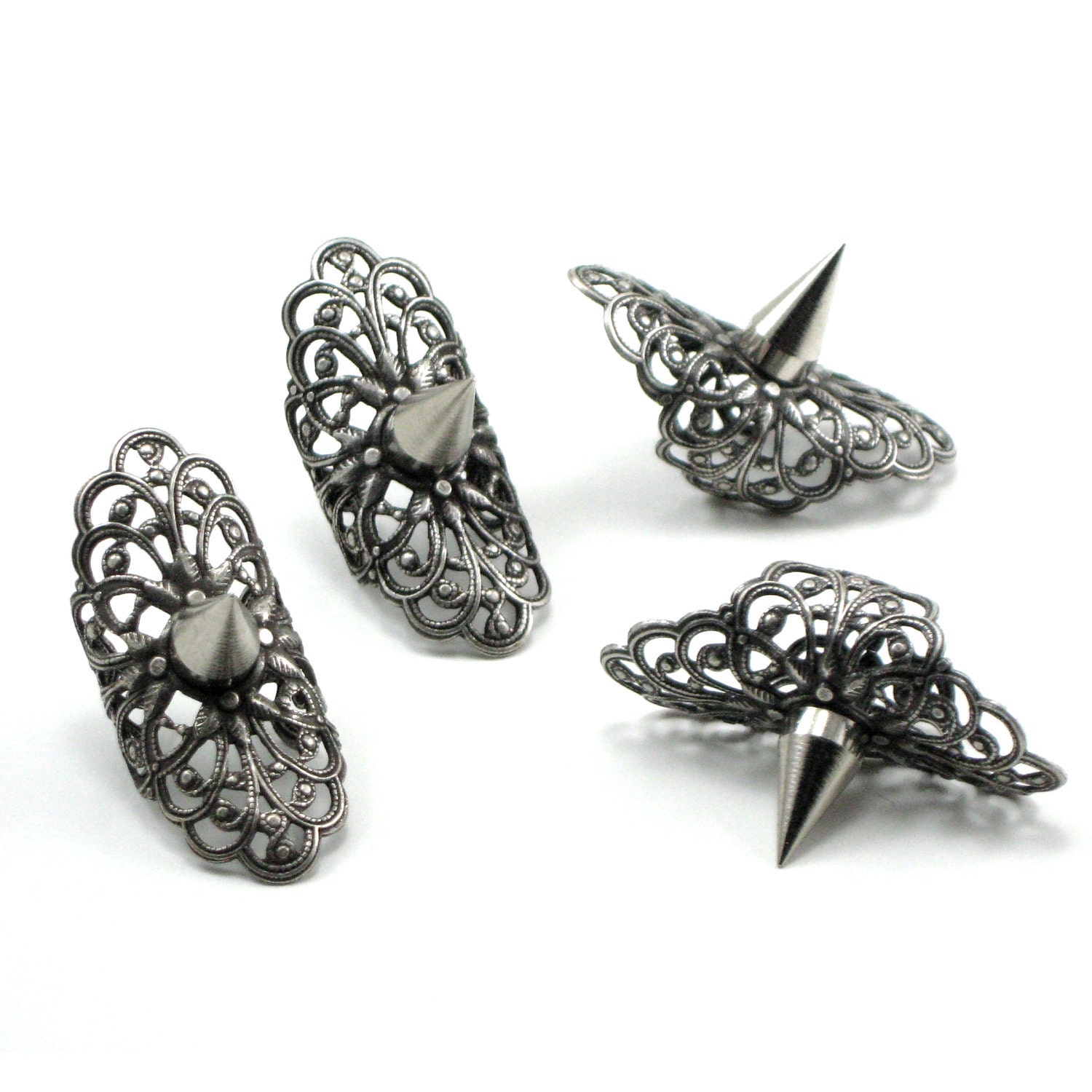 Gothic Finger Spikes - Set of 4 - Antiqued Sterling Silver Plated Filigree Finger Armor with Spike Accent - By Ghostlove