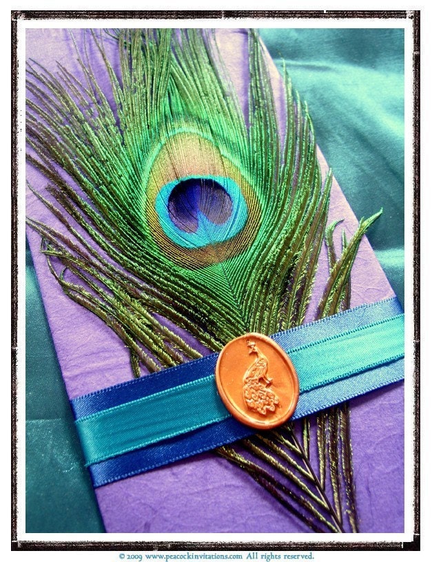 50 Custom Designed THERESA Lovebirds Peacock Themed Wedding Invitations