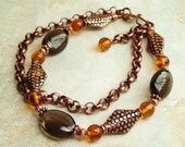 Smoky Quartz Amber Double Strand Bracelet in Copper, Gemstone, Adjustable, Handmade