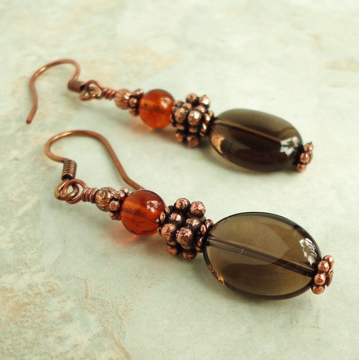 Amber and Smoky Quartz Earrings in Antiqued Copper, Natural Stone, Handmade