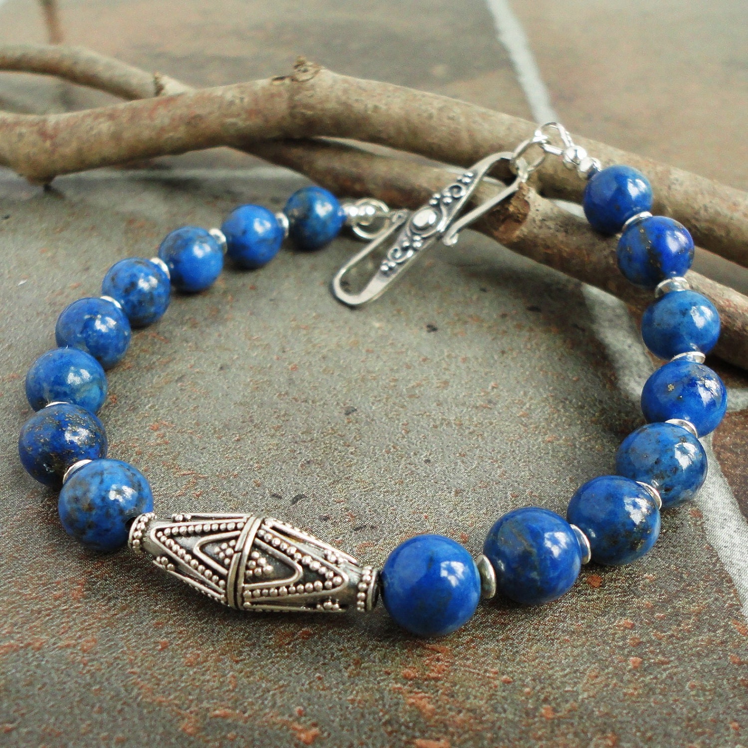 Denim Lapis Mens Bracelet, Bali Artisan Sterling Silver, Gemstone, Handmade