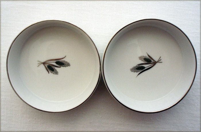 SALE - Silver Trimmed FIne China Mini Bowls with Embossed Silver and Black Wheat Print