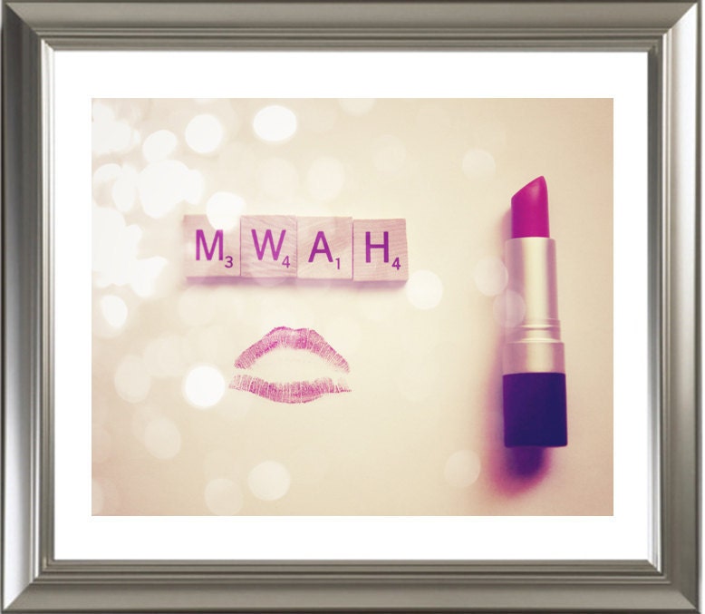 Girls Photography Pink Red Love Lipstick Fine Art Print : Scrabble Tile 8x10 inch