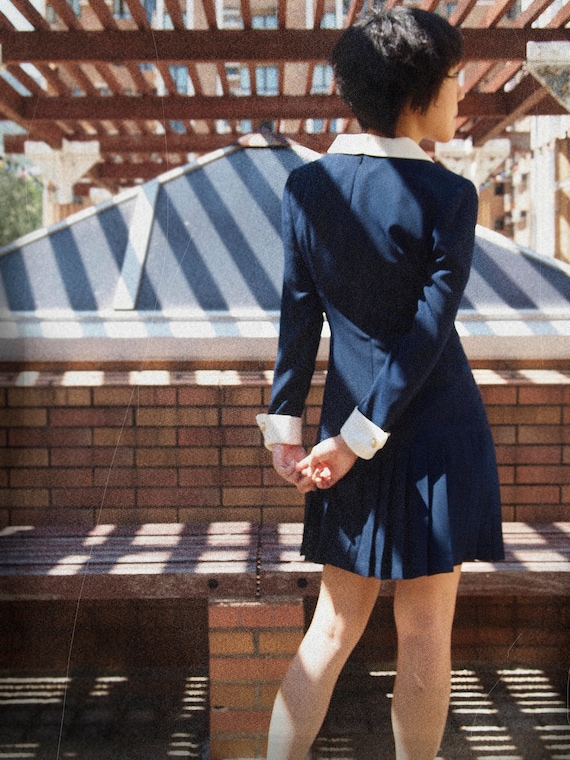 peter pan collar office fashion navy pleated dress long sleeves - RESERVED FOR SANDY