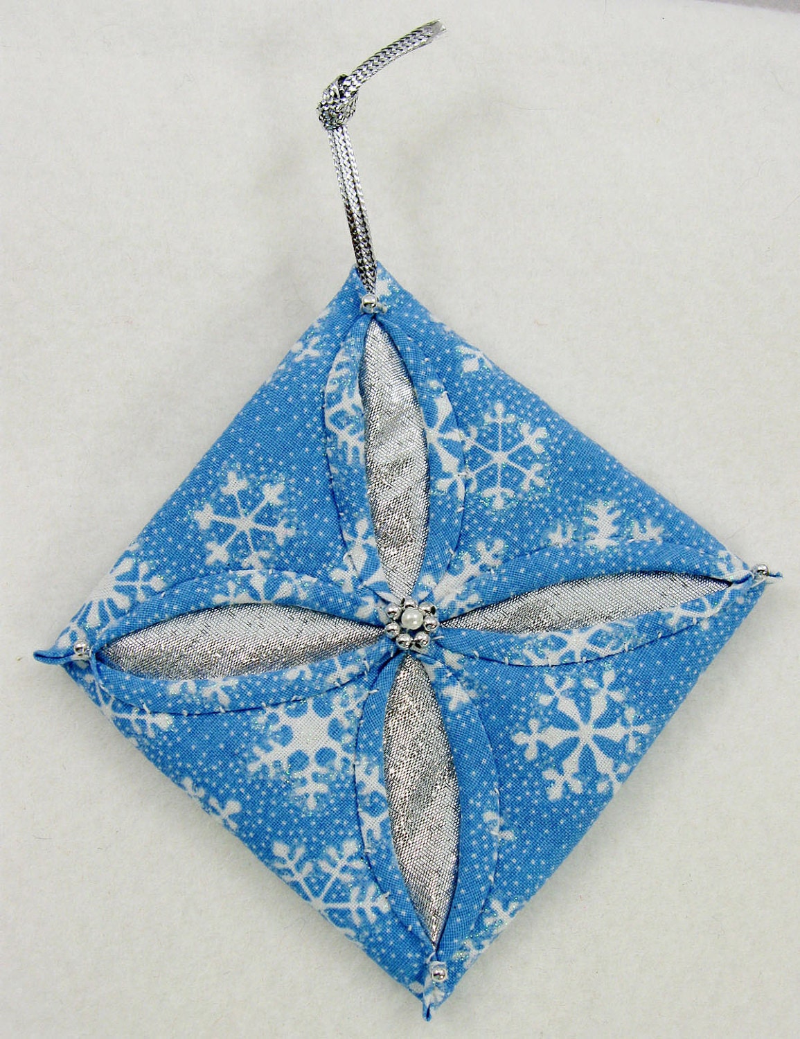 Blue, White and Silver Cathedral Window Quilted Christmas Ornament 524