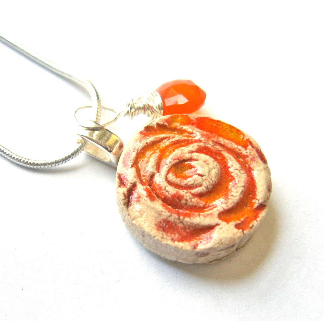 Tangerine Tango Earthenware Pendant with Orange Carnelian AAA Grade One of a Kind