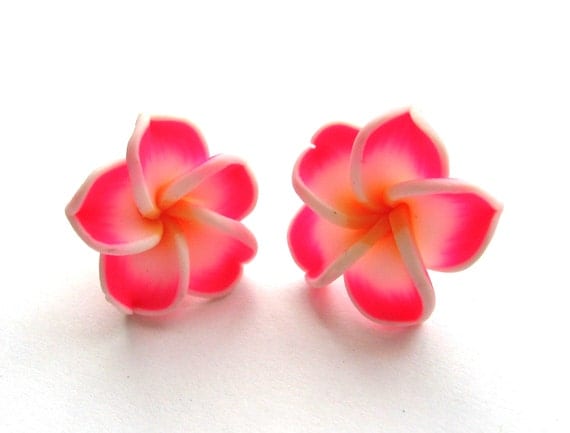 Frangipani Plumeria Neon Pink and Tangerine Hawaiian Flower Stud Earrings