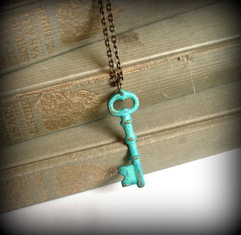 Mint Green Verdigris Hand Aged Raw Brass Skeleton Key Necklace