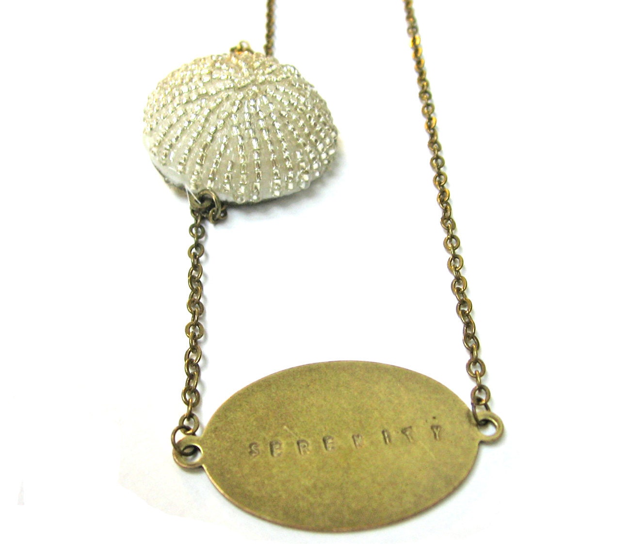 Beaded Sea Urchin in Cream with Metal Stamped Serenity Brass Extra Long Necklace
