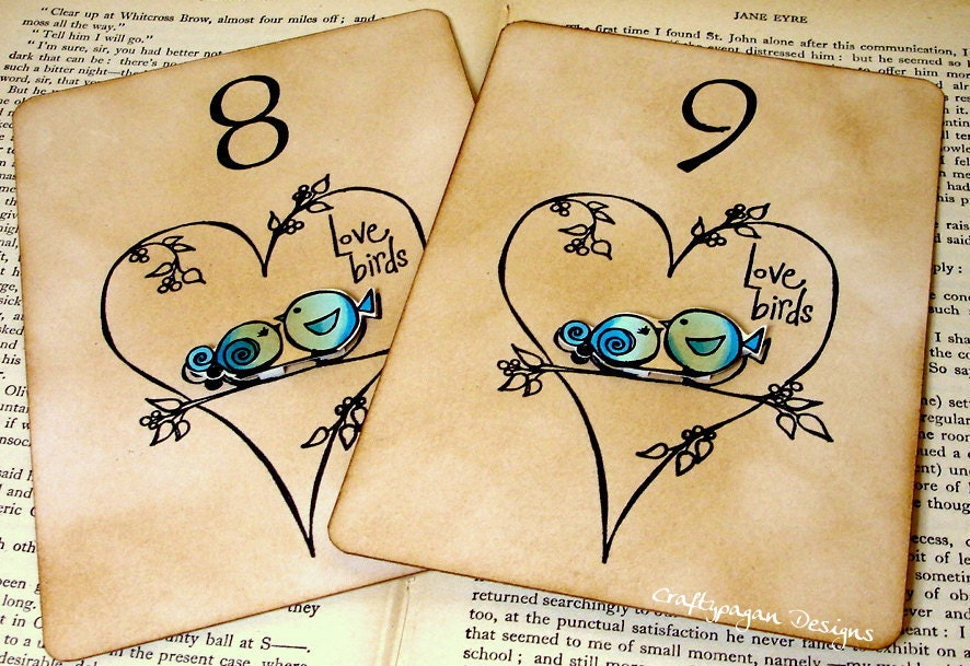 The Love Birds Table Card Number or Name-Layered, 3d and Hand Colored-Vintage Design by Craftypagan Designs