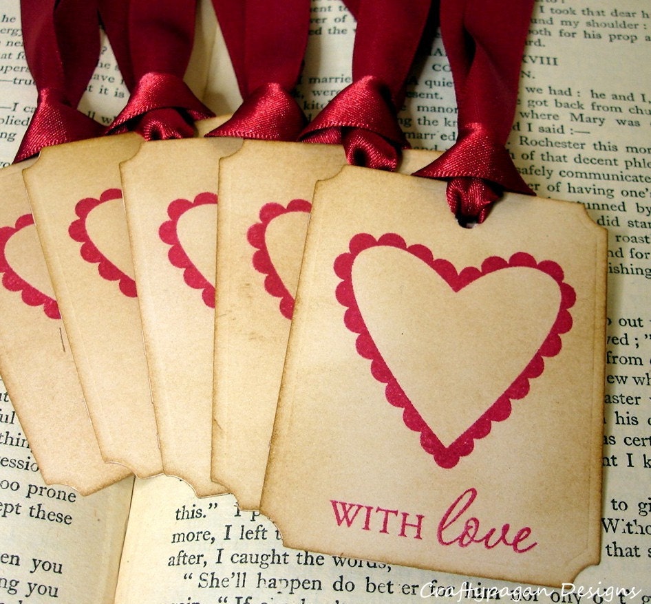 With Love-Luxury Vintage Gift Tags/Hang Tags in Red-SET of 6-Ribbon Colour Choice Available
