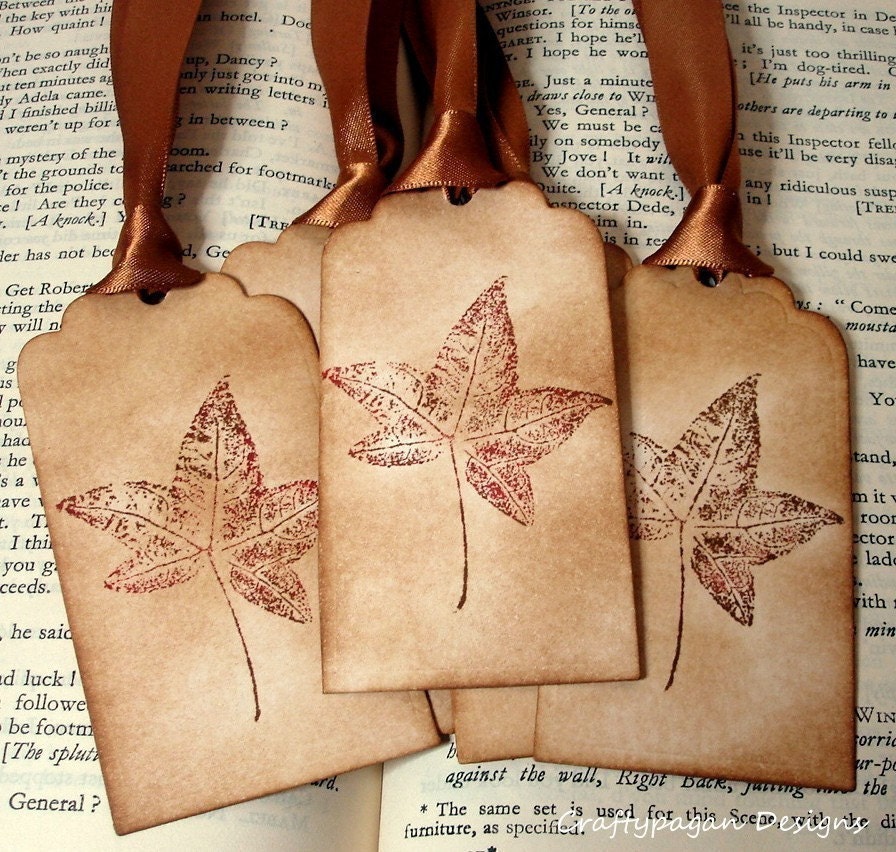 Fall Leaf-Luxury Vintage Style Gift Tags/Labels/Escort Cards SET of 6-Ribbon Choice available by Craftypagan Designs