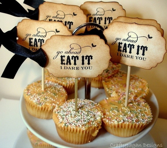 I Dare You Handmade Vintage Style Halloween Cupcake Toppers-SET of 12-FEATURED ON THE FRONT PAGE OF ETSY