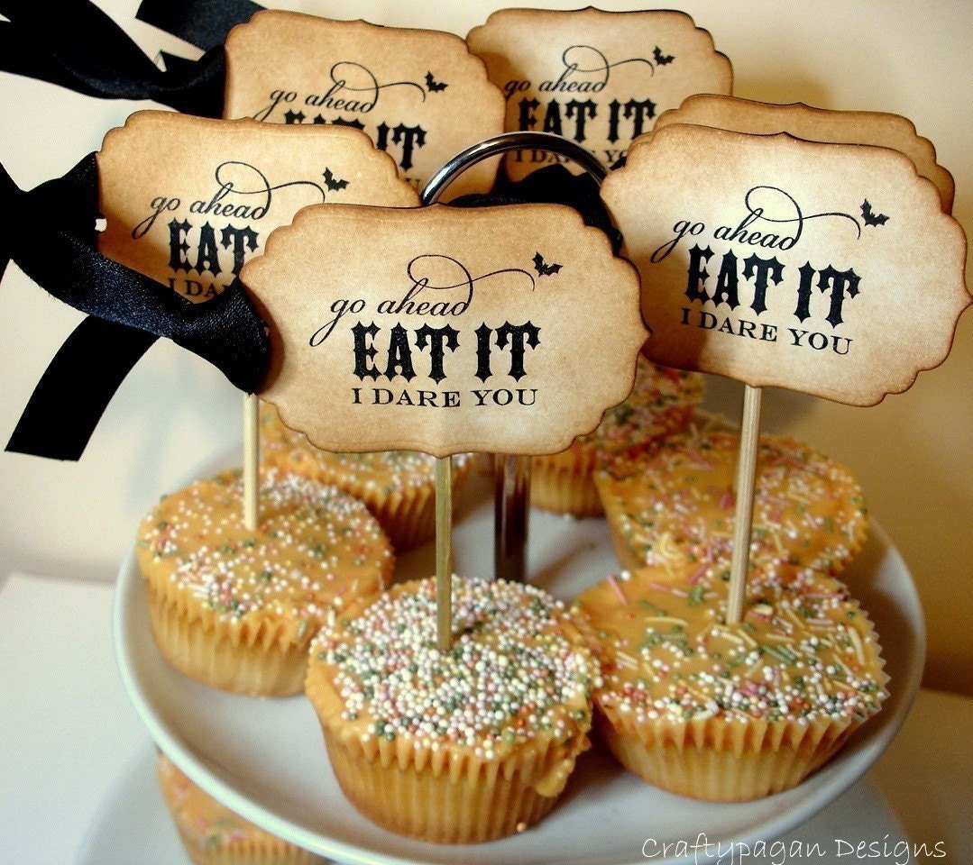 I Dare You Handmade Vintage Style Halloween Cupcake Toppers-SET of 12-FEATURED ON THE FRONT PAGE OF ETSY