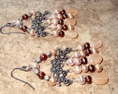 Peach Moonstone Gypsy Chandelier Earrings with Pearls