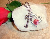 Key To My Heart Silver Necklace with Red Enamel Floral Charm Gifts Under 25